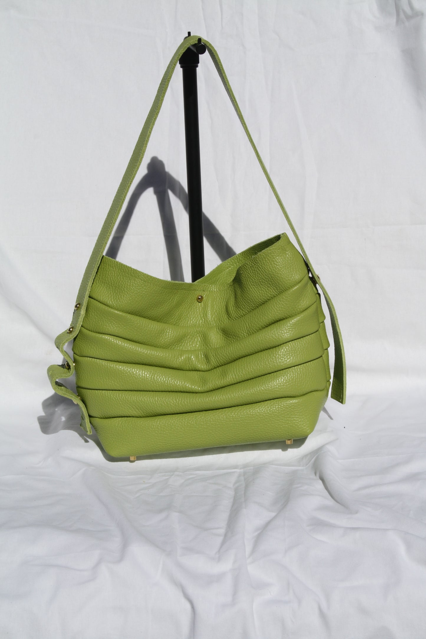 Italian Pebble Grain Pleated Leather Bucket Bag - Sample 1