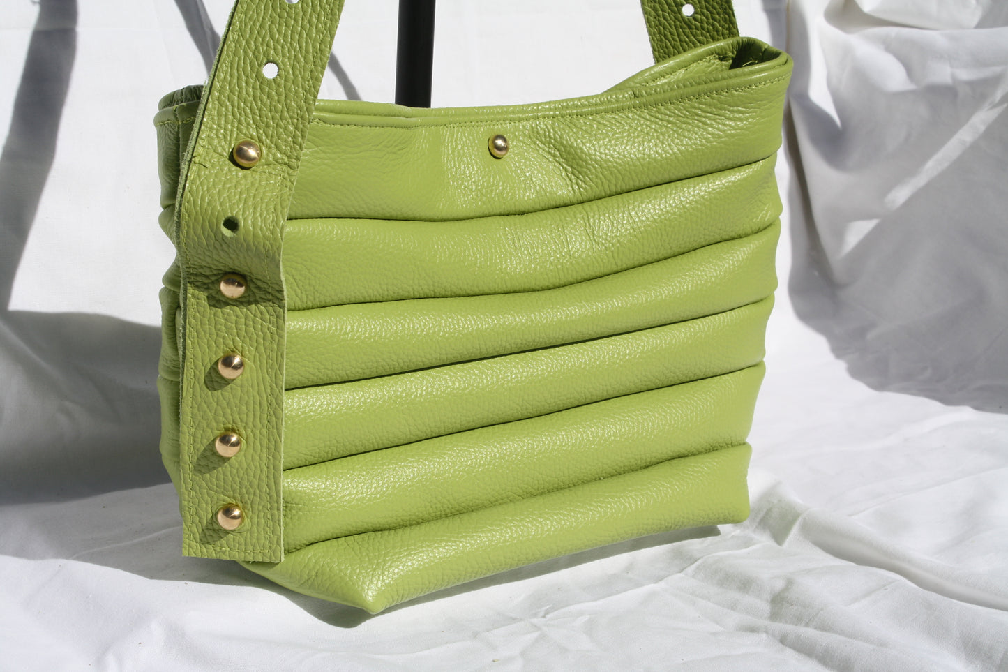 Italian Pebble Grain Pleated Leather Bucket Bag - Sample 2