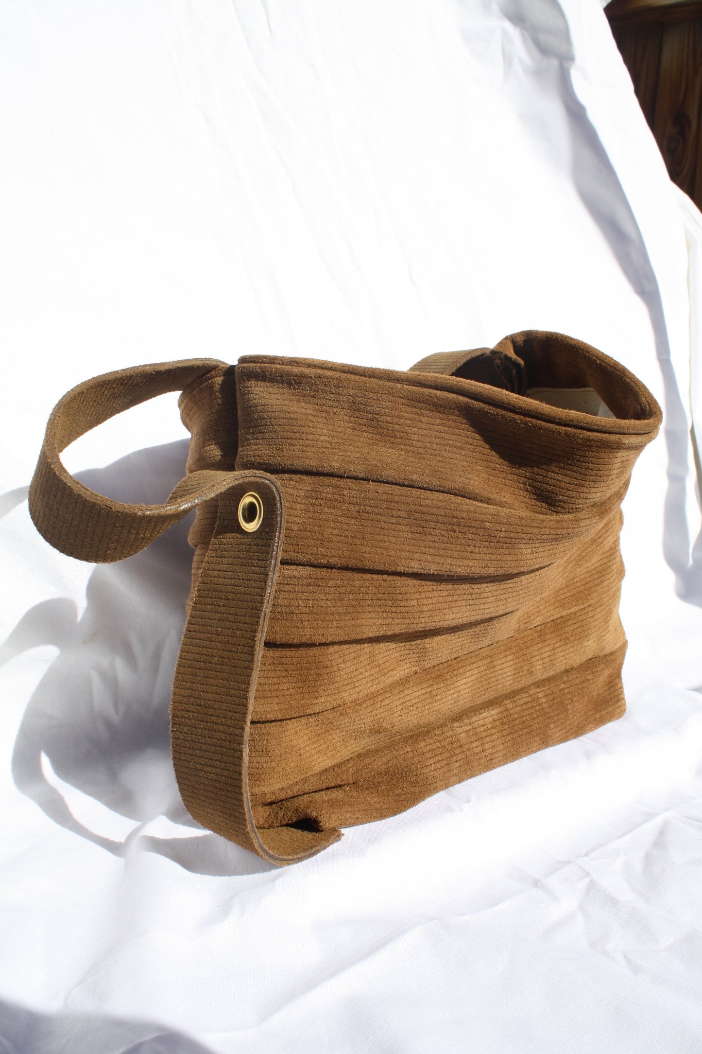 Brown Ribbed Suede Bucket Bag - Sample 5